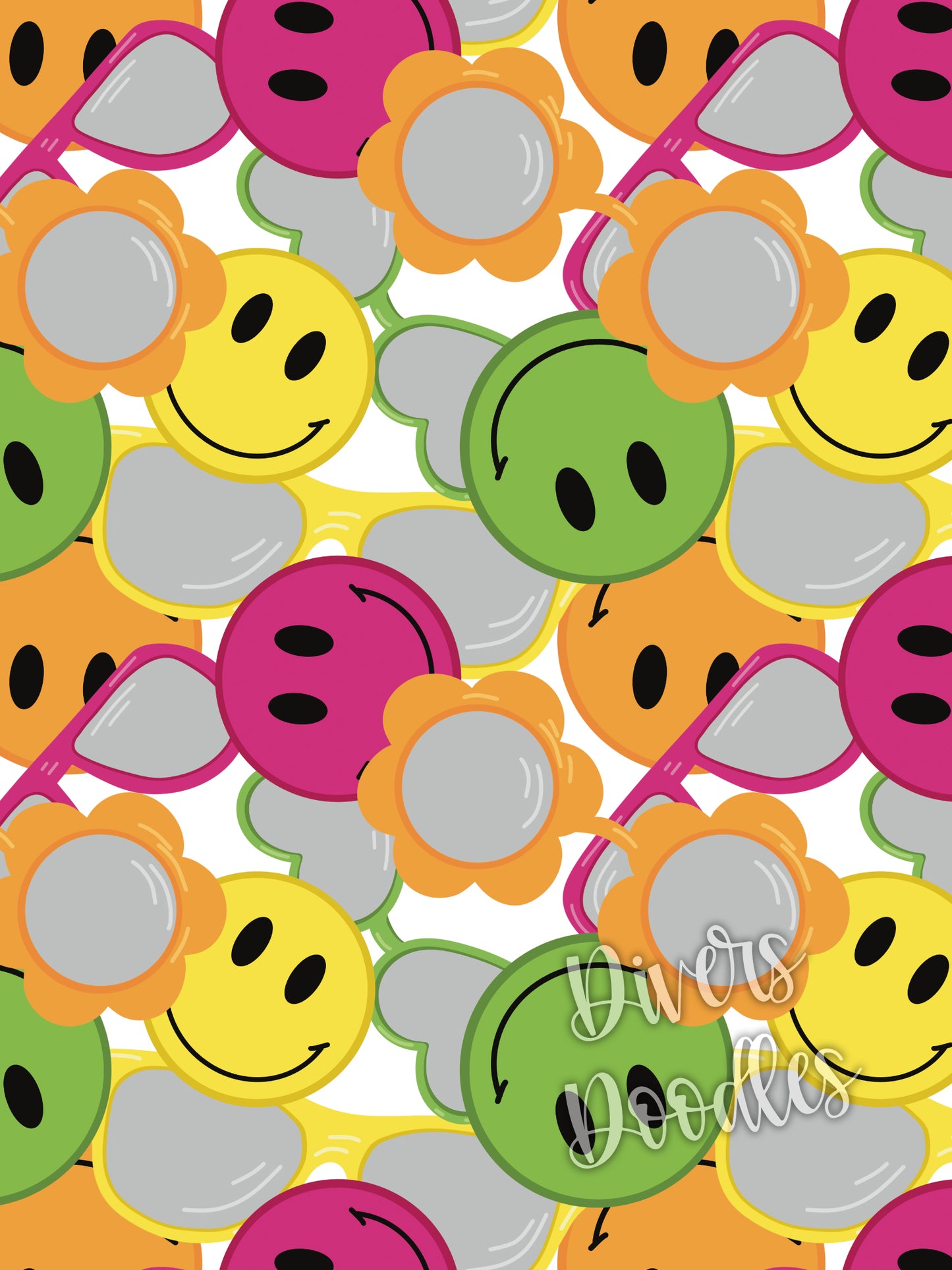 Happy Face Digital Paper, Summer Seamless Pattern, Collage Seamless File, Sunglasses Seamless File, Retro Background Digital, Summer Vibes
