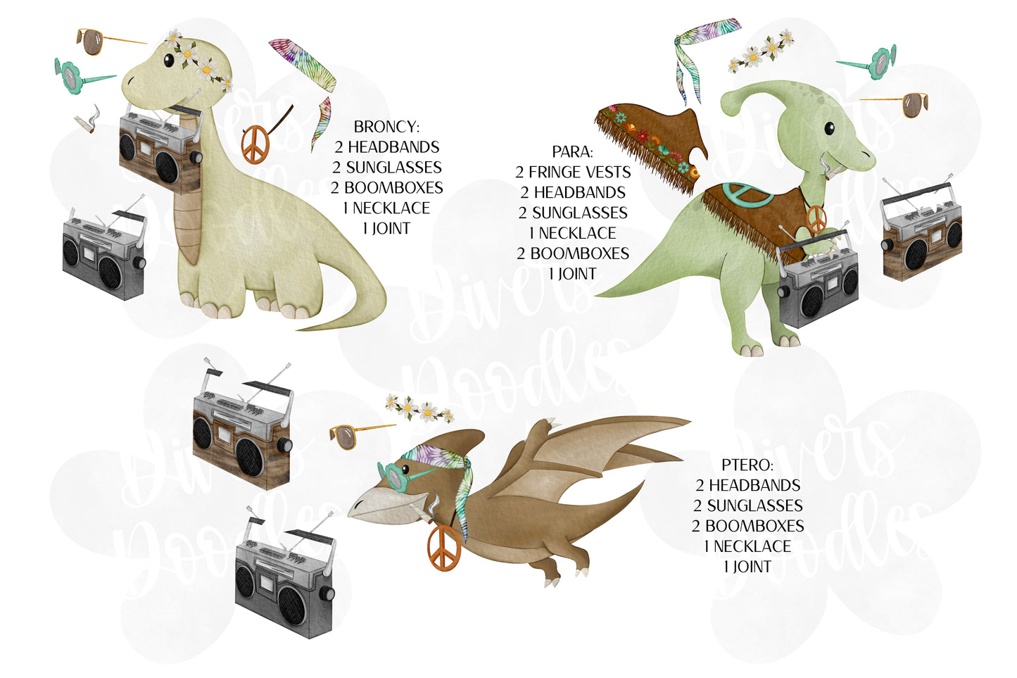 Groovy Dinosaur Clipart for Stickers, 70's Clipart for Shirts