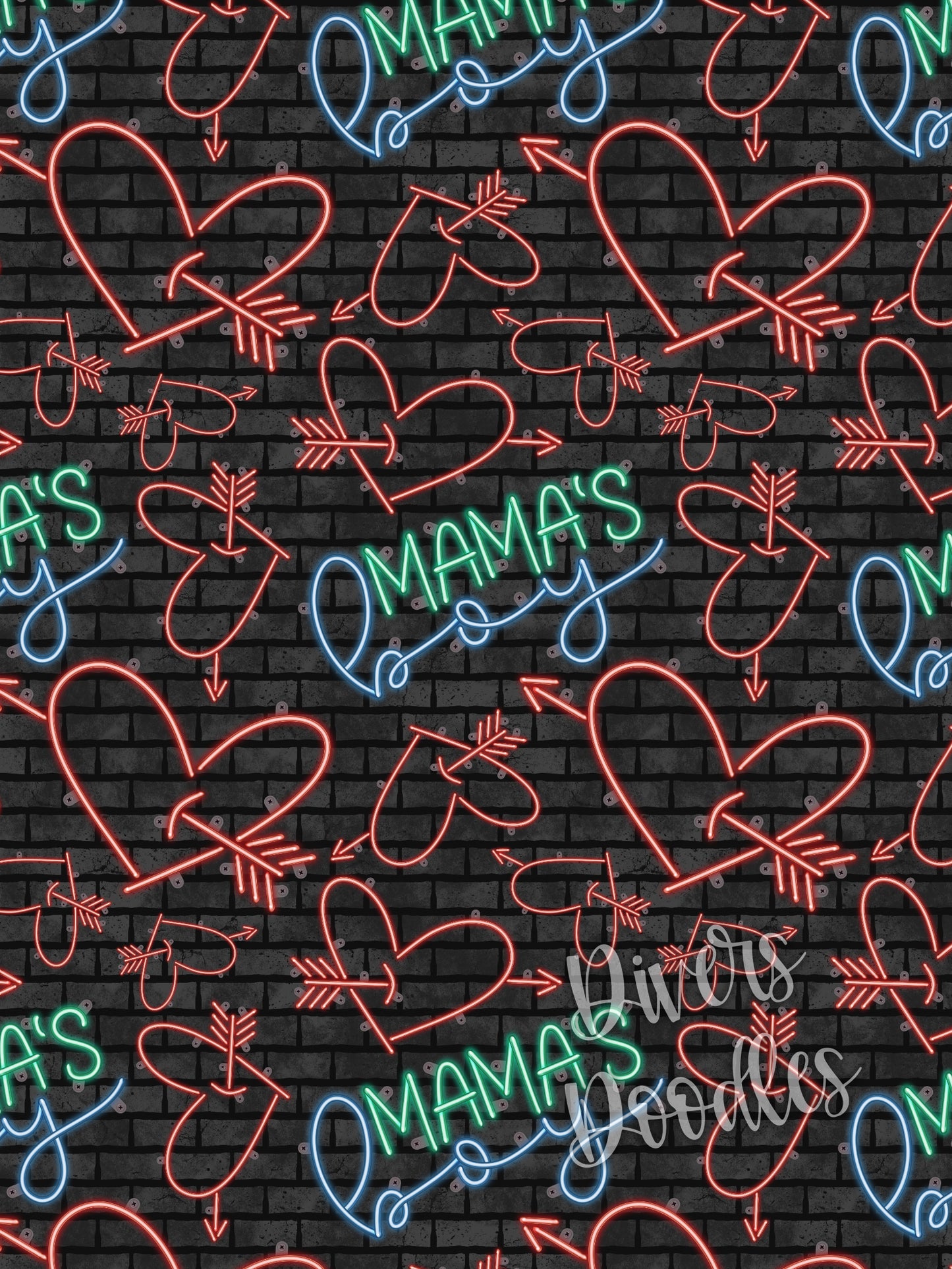 Valentines Day Seamless Pattern, Mamas Boy Seamless File, Neon Digital Scrapbook Paper, Retro Digital Paper For Boy, Heart Neon Light,