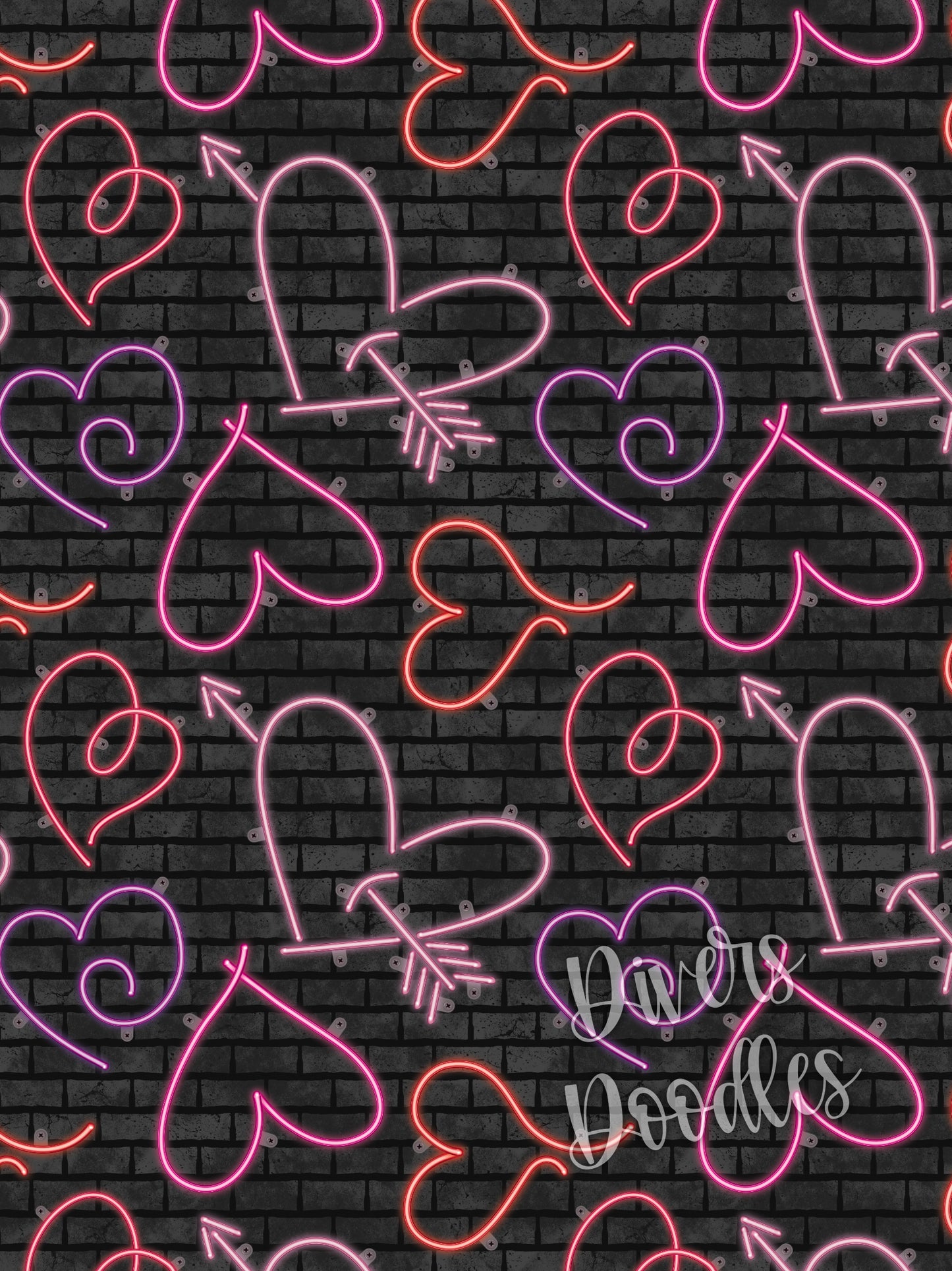 Valentines Day Seamless Pattern, Neon Digital Scrapbook Paper, Hearts Seamless File, Pink and Purple Digital Paper, Heart Neon Light,