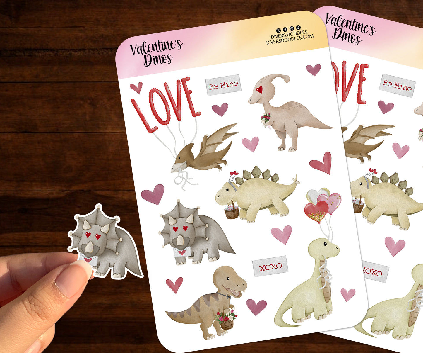 Valentines Day Dinosaur Sticker Sheet for Journaling, Cute Dino Sticker Sheet for Planners or Crafts