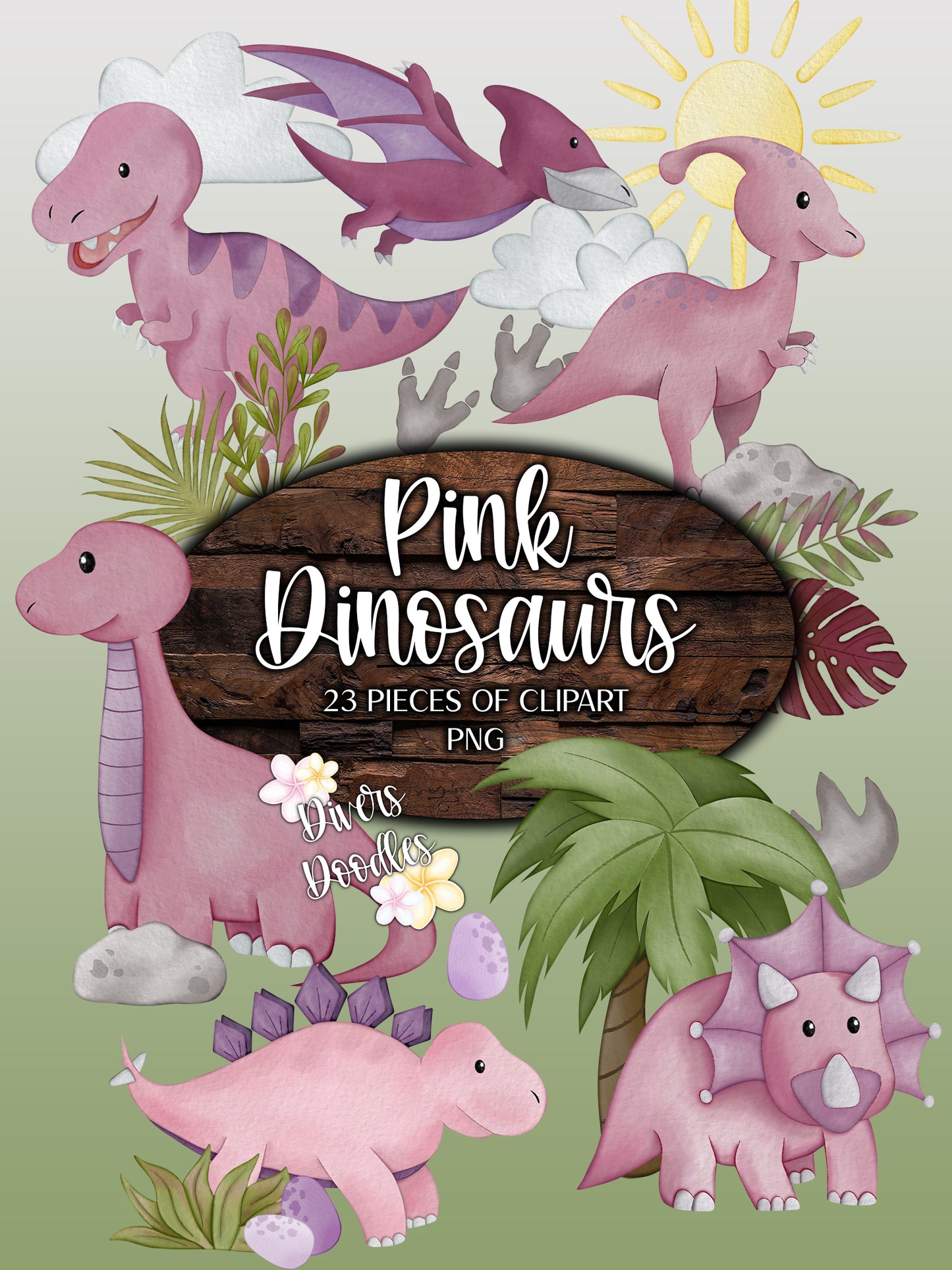 Dinosaur Clipart PNG, Pink Dinosaur Scene Clipart, Watercolor Dinosaur Clipart, Cute Dinosaur PNG, Triceratops Drawing, Build Your Own