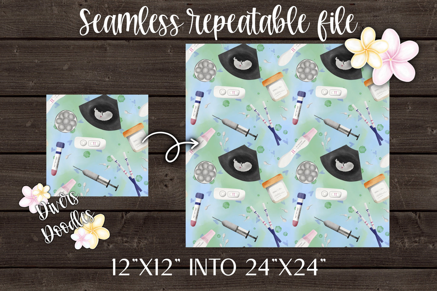 Hand Drawn Digital Paper Baby Boy, IVF Digital Download, Seamless File for Fabric, Digital Baby Announcement, Seamless Pattern for Boys, PNG