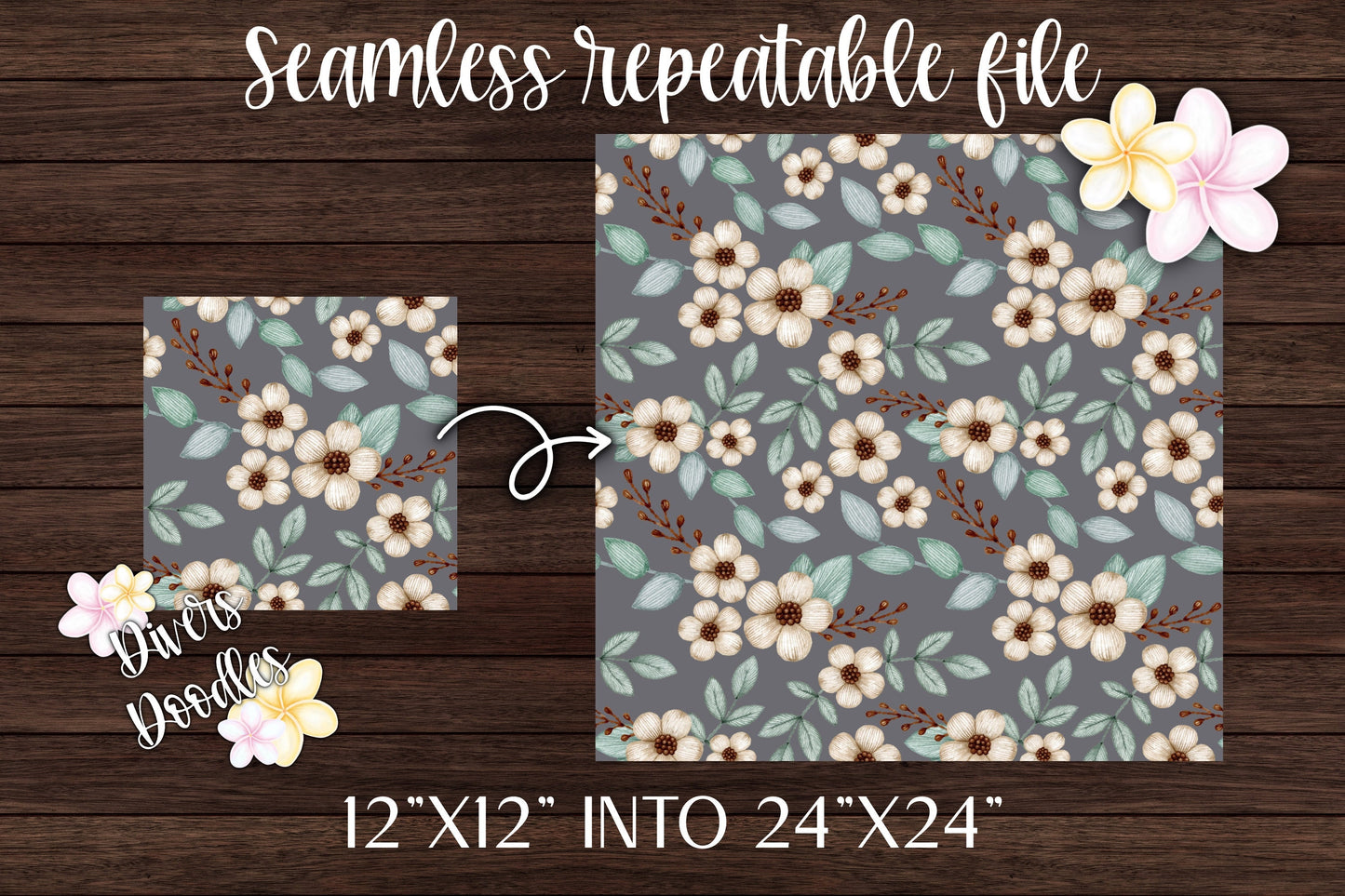 White Flower Digital Paper, Floral Seamless Pattern, Fall Seamless File, Botanical Scrapbook Paper, Surface Pattern Design, Embroidery PNG