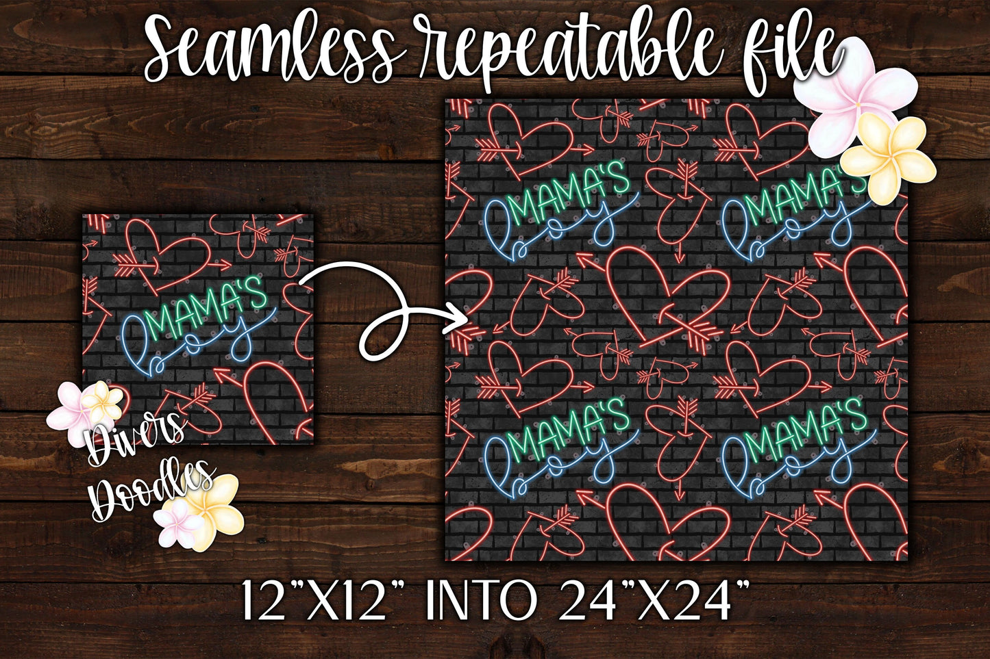 Valentines Day Seamless Pattern, Mamas Boy Seamless File, Neon Digital Scrapbook Paper, Retro Digital Paper For Boy, Heart Neon Light,