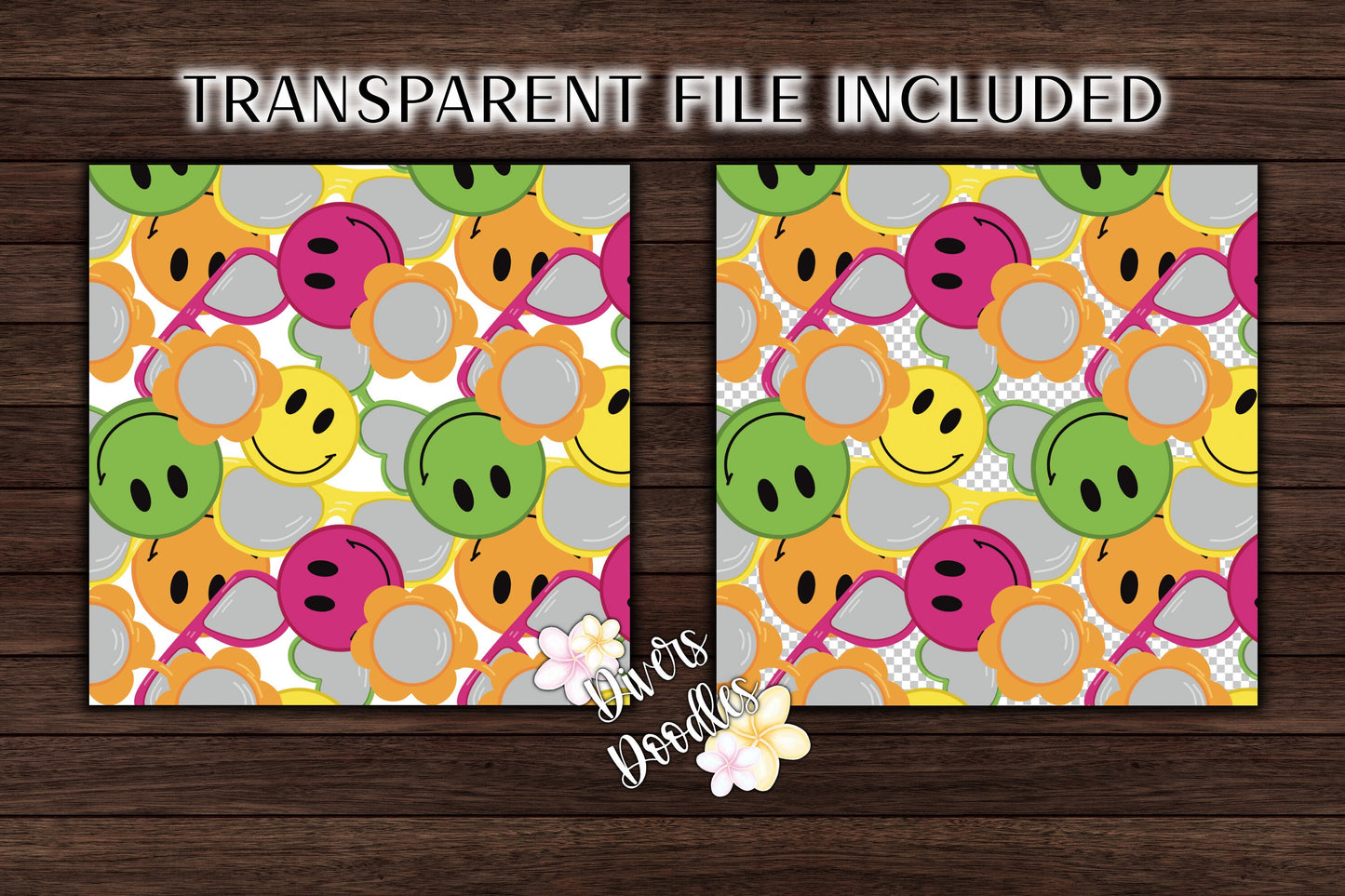 Happy Face Digital Paper, Summer Seamless Pattern, Collage Seamless File, Sunglasses Seamless File, Retro Background Digital, Summer Vibes