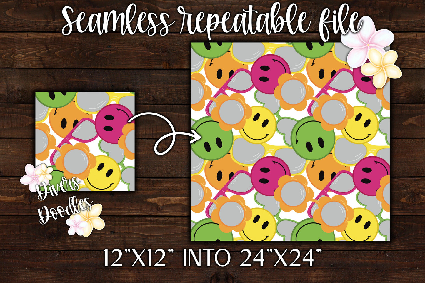 Happy Face Digital Paper, Summer Seamless Pattern, Collage Seamless File, Sunglasses Seamless File, Retro Background Digital, Summer Vibes