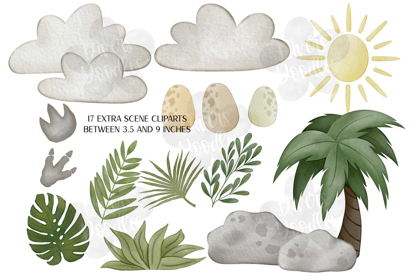 Dinosaur Scene Clipart, Watercolor Dinosaur Clipart, High Resolution PNG, Triceratops Drawing, Dino Illustration, Nursery Decor Neutral