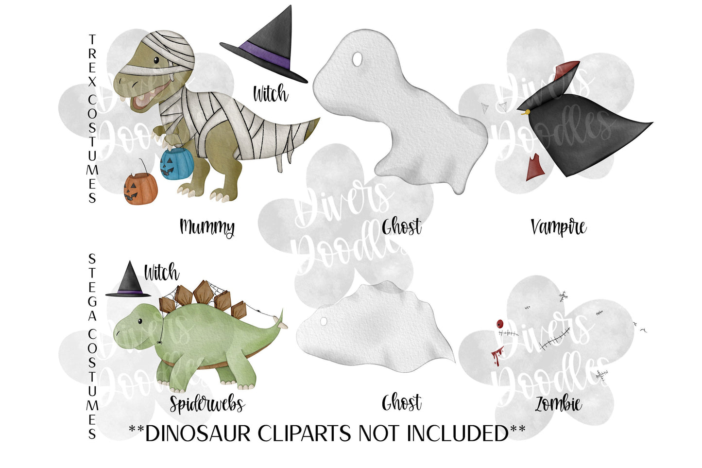Halloween Clipart, High Resolution PNG, Watercolor Dinosaur Illustrations, Trick Or Treat Clipart, Instant Download, Halloween Bundle