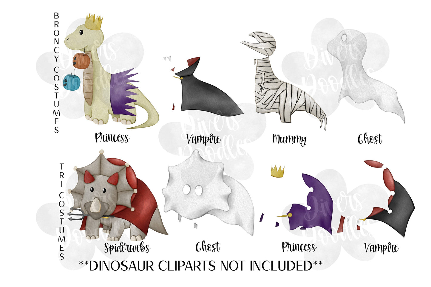 Halloween Clipart, High Resolution PNG, Watercolor Dinosaur Illustrations, Trick Or Treat Clipart, Instant Download, Halloween Bundle