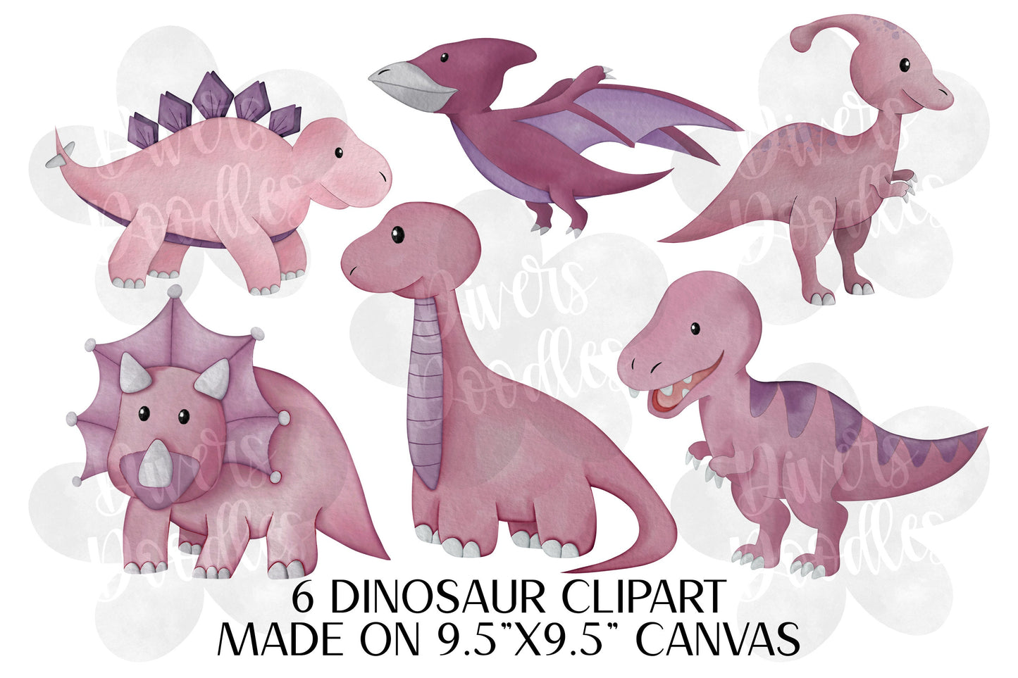 Dinosaur Clipart PNG, Pink Dinosaur Scene Clipart, Watercolor Dinosaur Clipart, Cute Dinosaur PNG, Triceratops Drawing, Build Your Own
