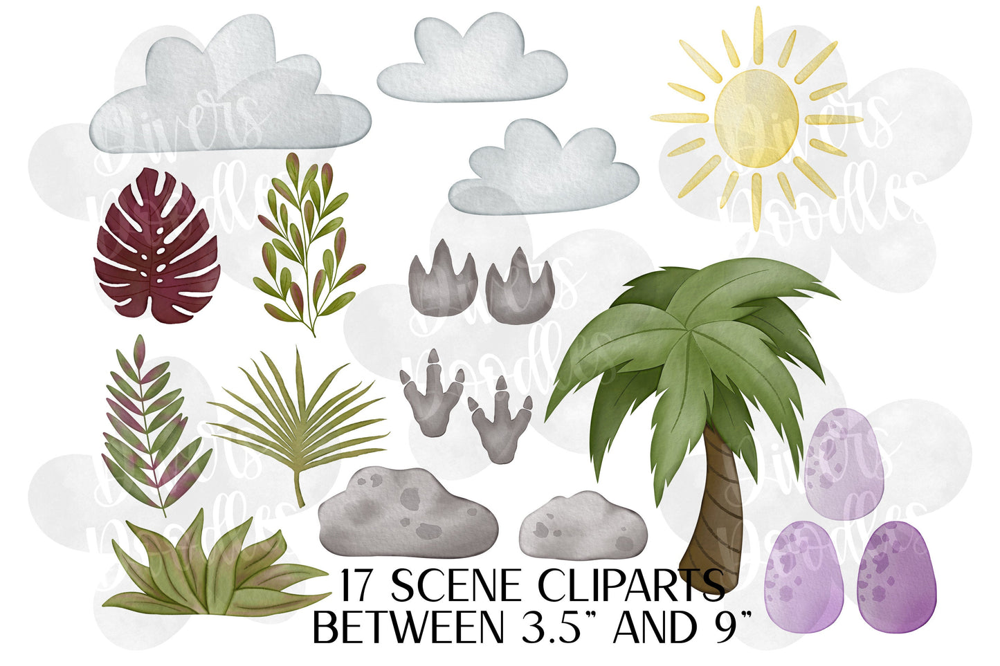 Dinosaur Clipart PNG, Pink Dinosaur Scene Clipart, Watercolor Dinosaur Clipart, Cute Dinosaur PNG, Triceratops Drawing, Build Your Own