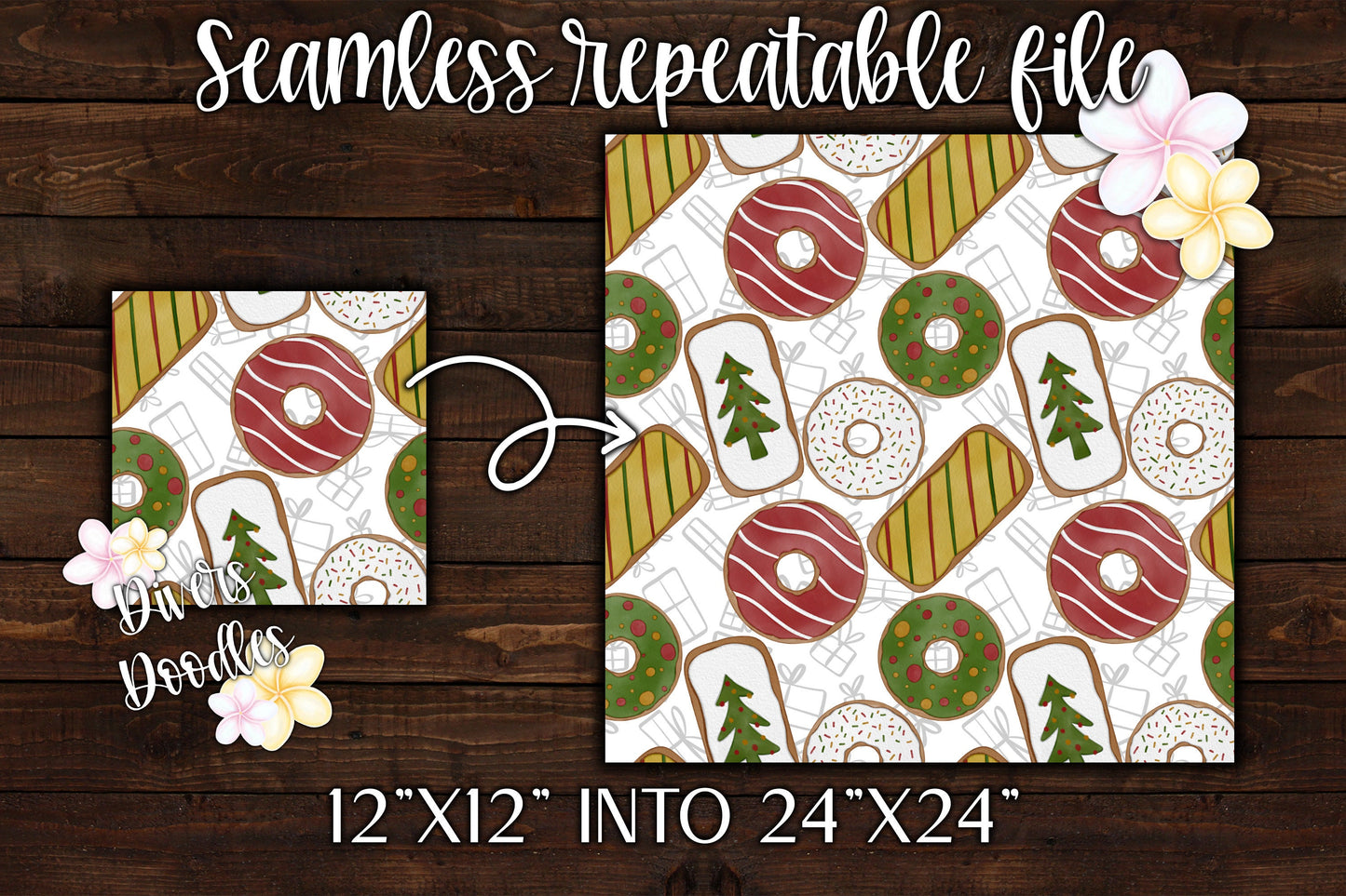Christmas Donut Digital Paper, Holiday Dessert Seamless File For Fabric, Christmas Seamless Pattern PNG, Surface Pattern Design