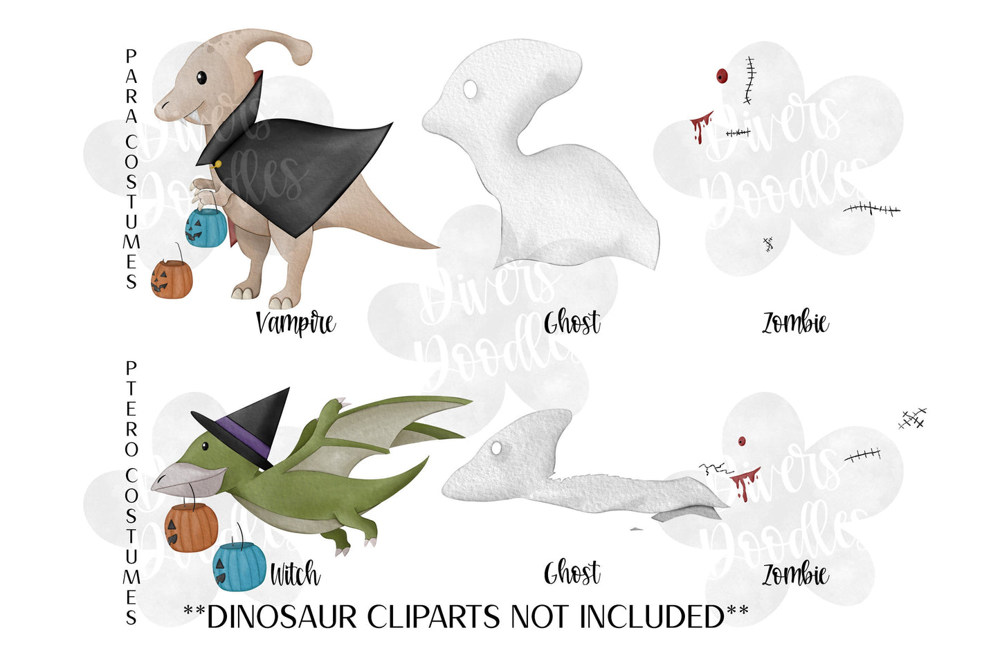Halloween Clipart, High Resolution PNG, Watercolor Dinosaur Illustrations, Trick Or Treat Clipart, Instant Download, Halloween Bundle