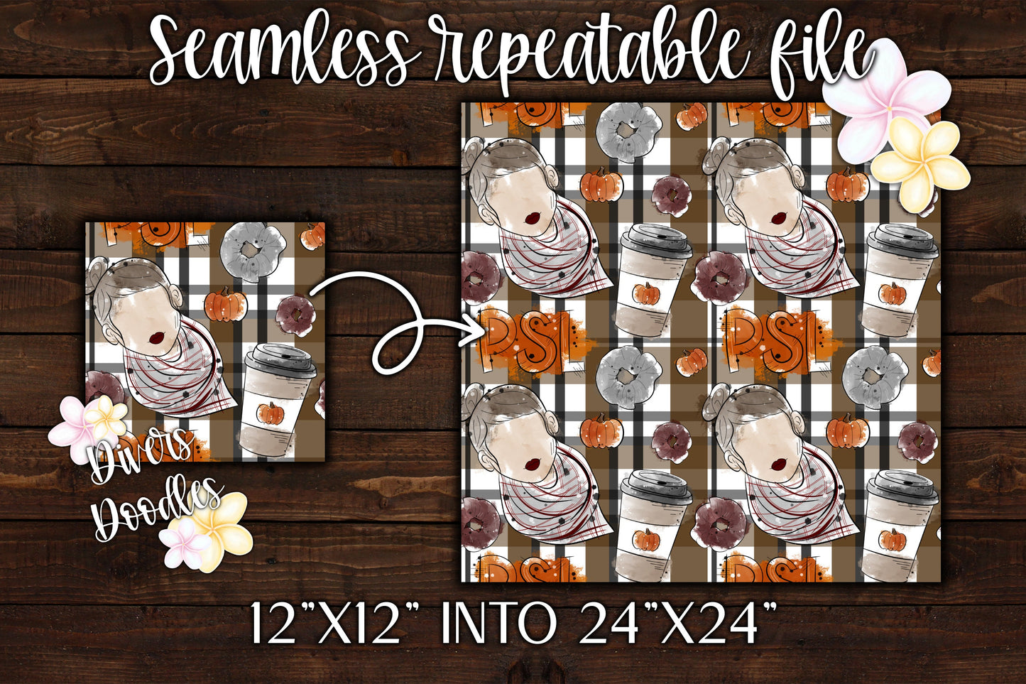 Pumpkin Spice Latte Digital Paper Pattern, Autumn Seamless Pattern For Fabric, Surface Pattern for Girl, Fall Seamless File, Hand drawn