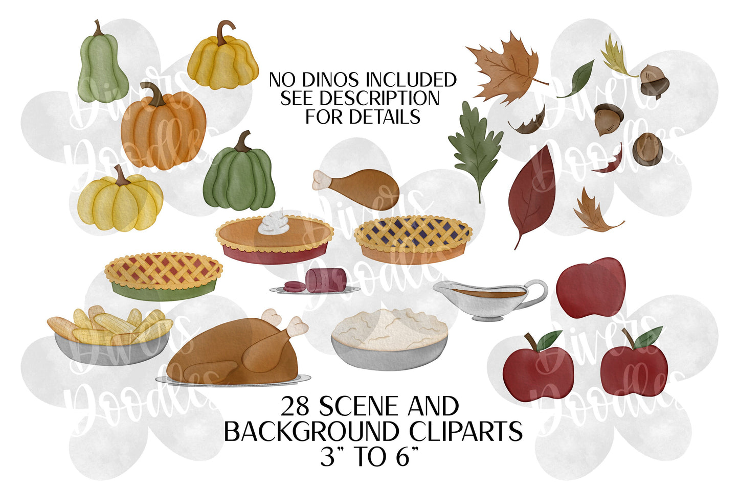 Thanksgiving Dinosaur Clipart PNG, Watercolor Digital Art, Autumn Clipart Bundle, Build A Scene Clipart, Thanksgiving Food Clip Art