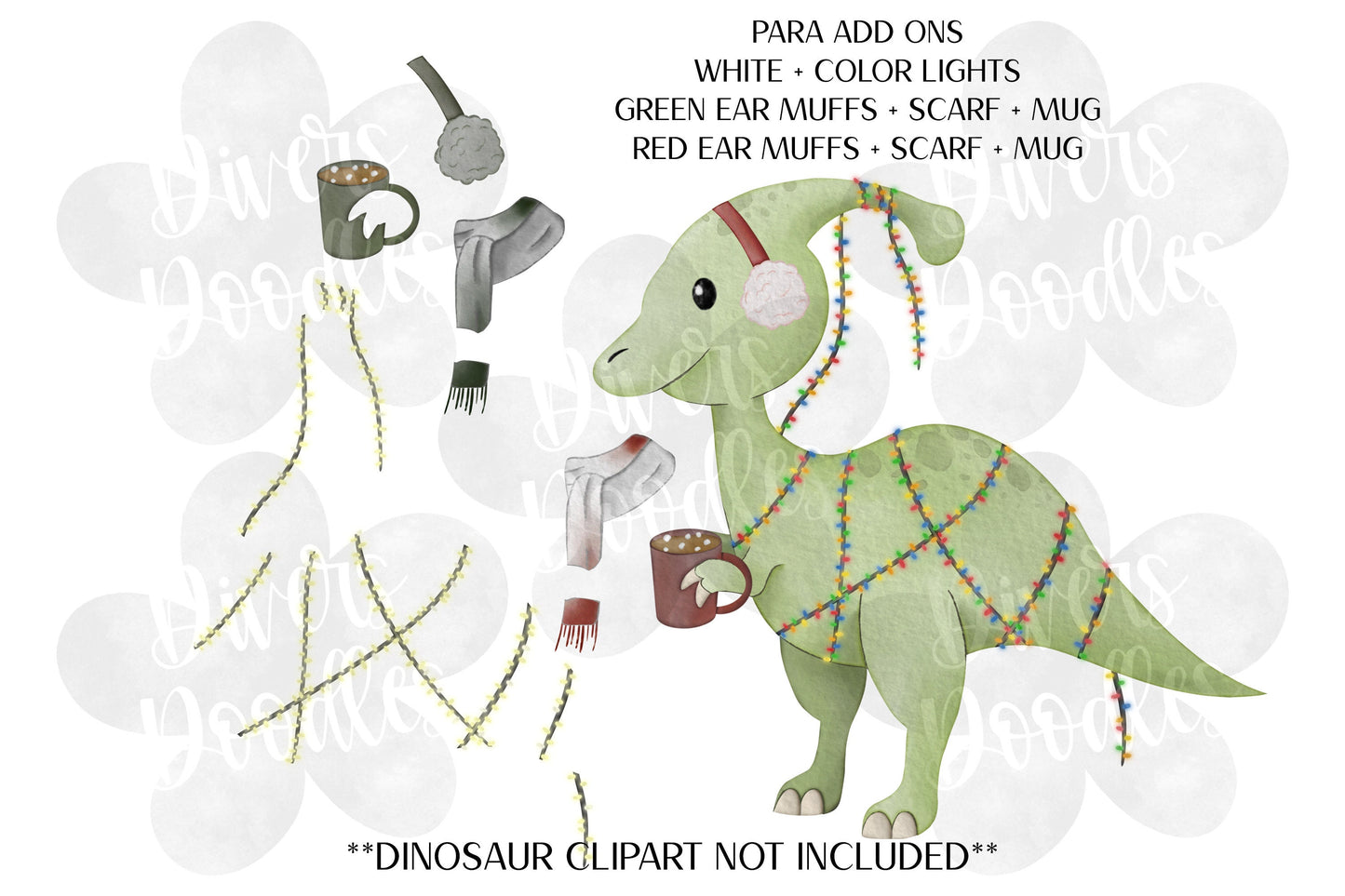 Christmas Dinosaur Clipart, Christmas Lights PNG, Dino Clipart, Clipart for Teachers, Dinosaur PNG Files, High Resolution PNG, Holiday