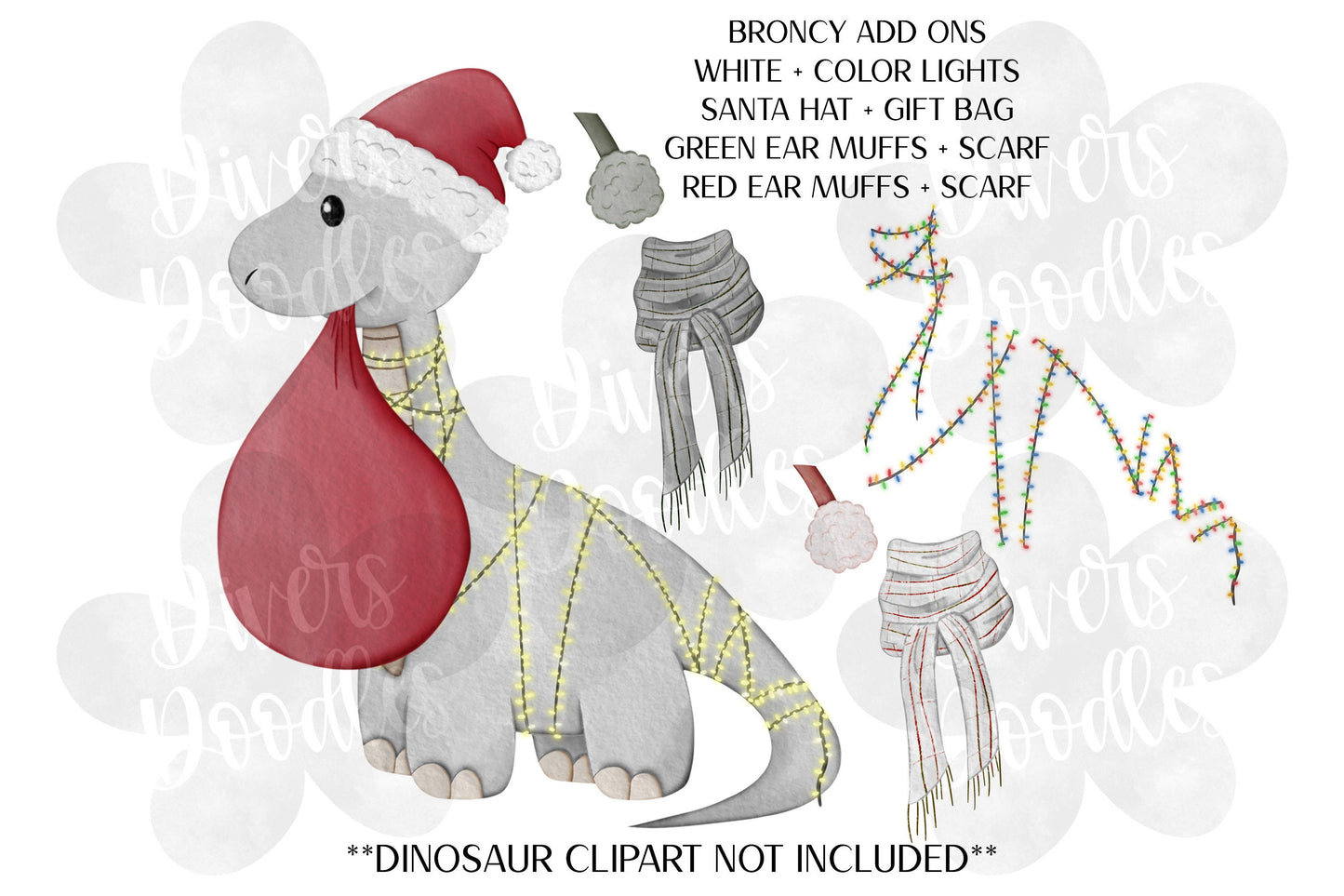 Christmas Dinosaur Clipart, Christmas Lights PNG, Dino Clipart, Clipart for Teachers, Dinosaur PNG Files, High Resolution PNG, Holiday