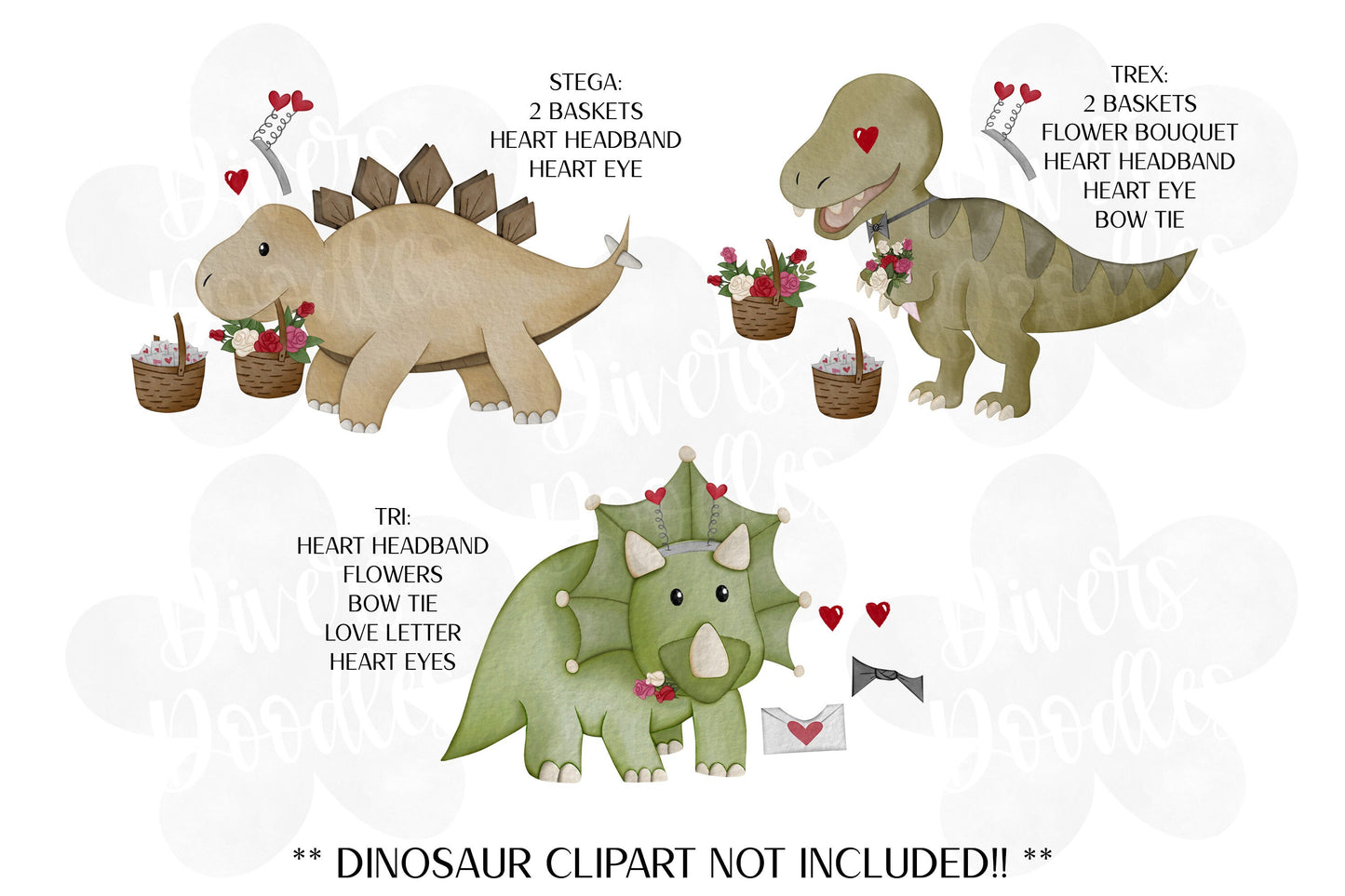 Valentines Day Clipart for Teachers, Cute Dinosaur Clipart for Commercial Use, Valentines Day PNG for Stickers, DIY Clipart, Watercolor
