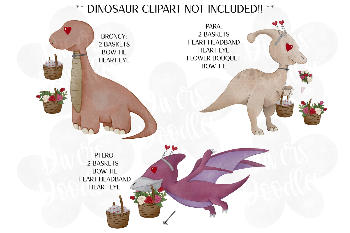 Valentines Day Clipart for Teachers, Cute Dinosaur Clipart for Commercial Use, Valentines Day PNG for Stickers, DIY Clipart, Watercolor