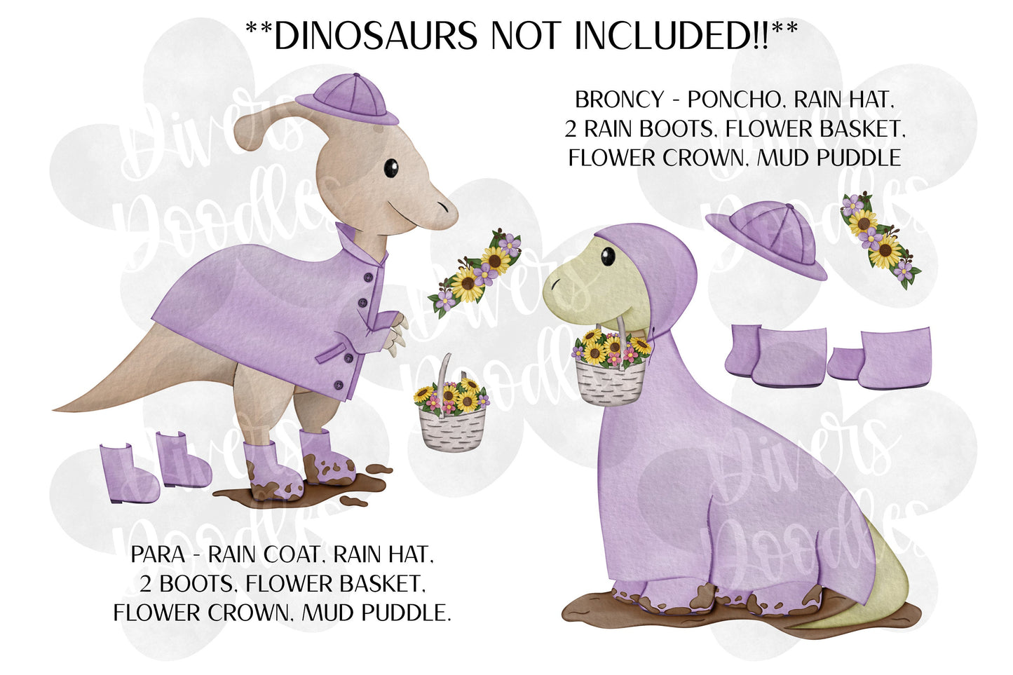 Watercolor Dinosaur Clipart For Card Making, Spring Clipart Set For Stickers, Cute Dinosaur Clipart For Kids, Purple Hand Drawn Clip Art