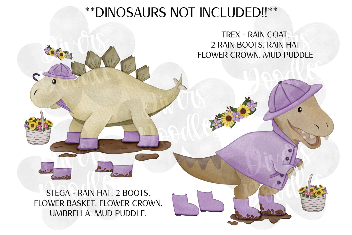 Watercolor Dinosaur Clipart For Card Making, Spring Clipart Set For Stickers, Cute Dinosaur Clipart For Kids, Purple Hand Drawn Clip Art