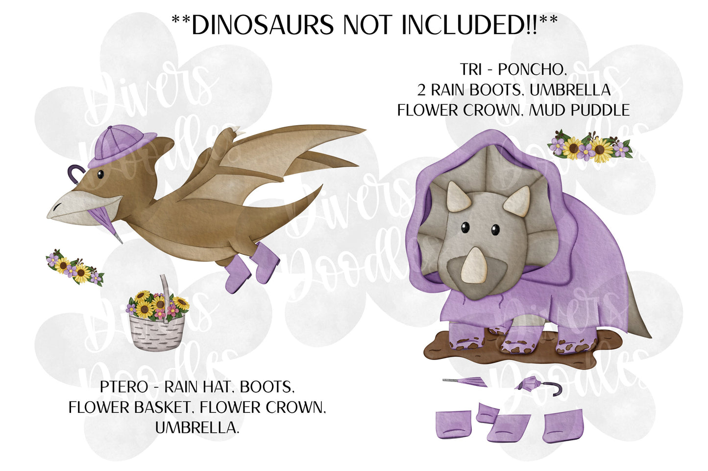 Watercolor Dinosaur Clipart For Card Making, Spring Clipart Set For Stickers, Cute Dinosaur Clipart For Kids, Purple Hand Drawn Clip Art