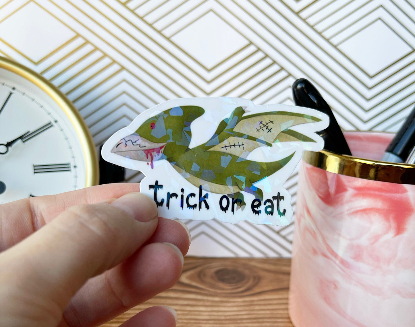 Trick or Treat Sticker for Cups, Zombie Sticker for Water Bottle, Funny Dinosaur Sticker for Kids, Dinosaur Gifts for Adults, Holographic