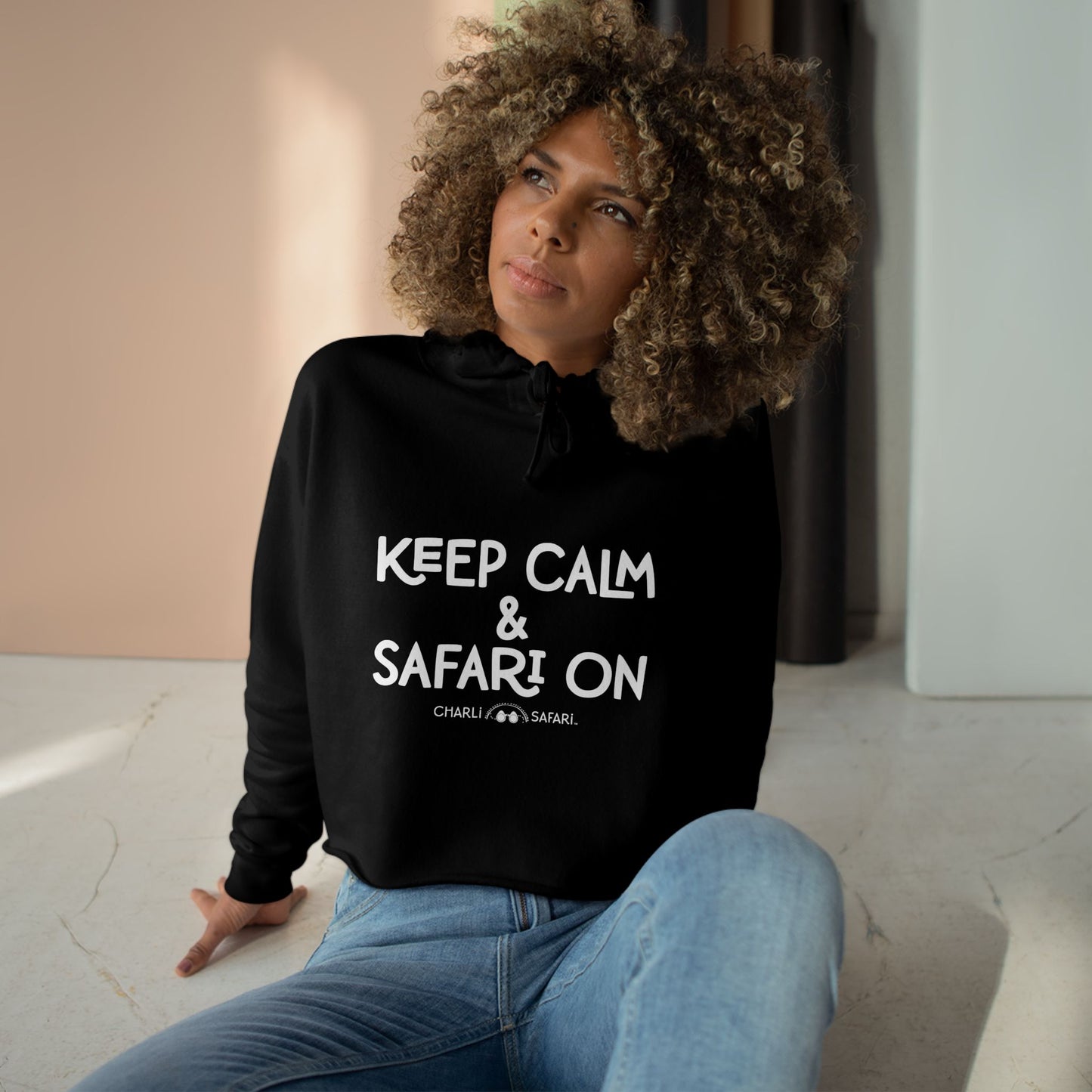 Adventure Vibe Crop Hoodie, Keep Calm & Safari On, Casual Wear, Travel Gear, Gift for Explorers, Cozy Layering Piece