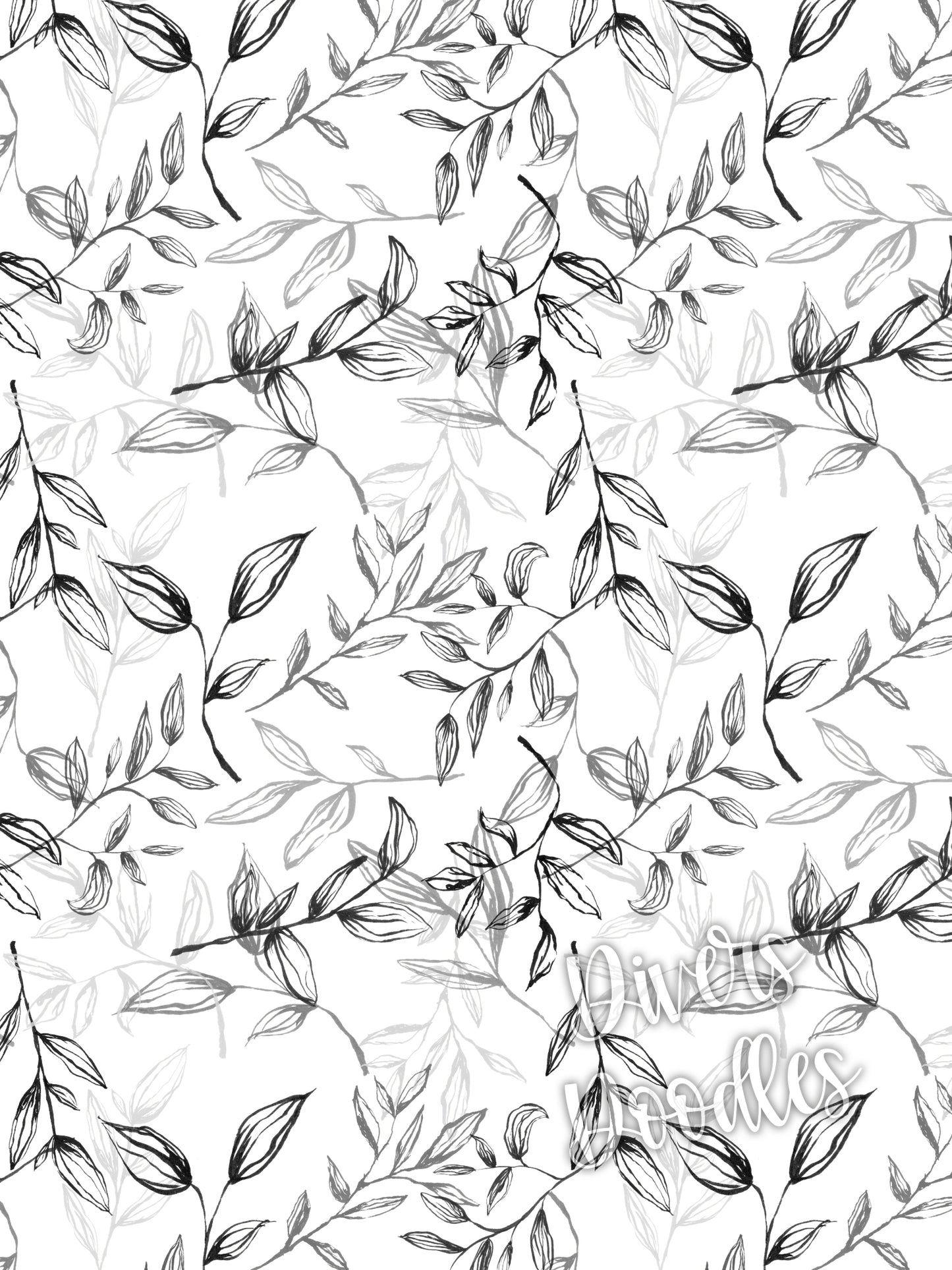 Simple Black and White Leaves Seamless Pattern, Gray Scale Digital Paper or Fabric Design