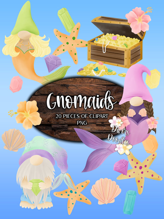 Gnome Clipart for Commercial Use, Hand Drawn Clip Art, Mermaid PNG for Stickers, Gnome Illustration, Transparent Background PNG, Treasure