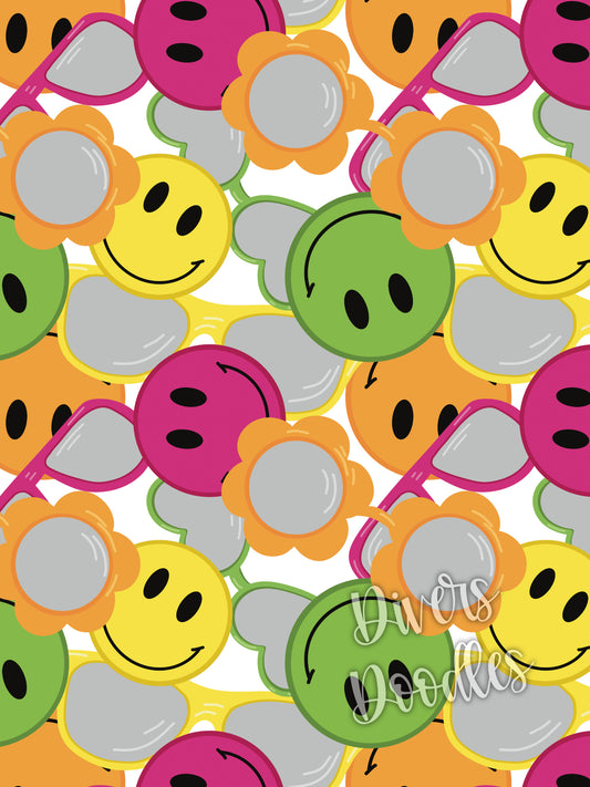 Happy Face Digital Paper, Summer Seamless Pattern, Collage Seamless File, Sunglasses Seamless File, Retro Background Digital, Summer Vibes