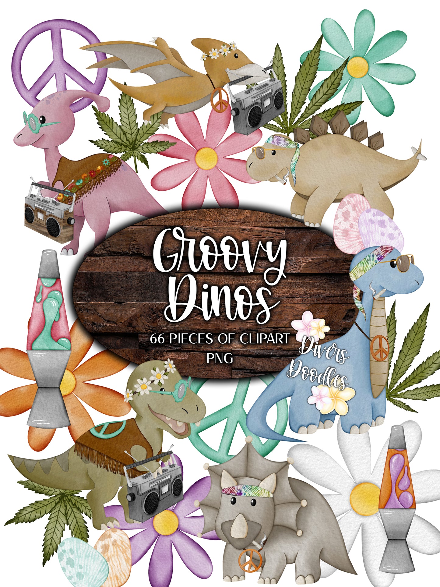 Groovy Dinosaur Clipart for Stickers, 70's Clipart for Shirts
