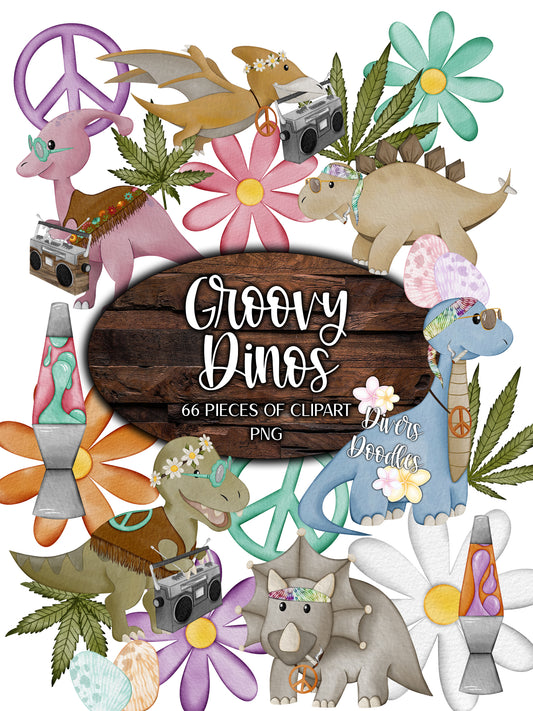 Groovy Dinosaur Clipart for Stickers, 70's Clipart for Shirts