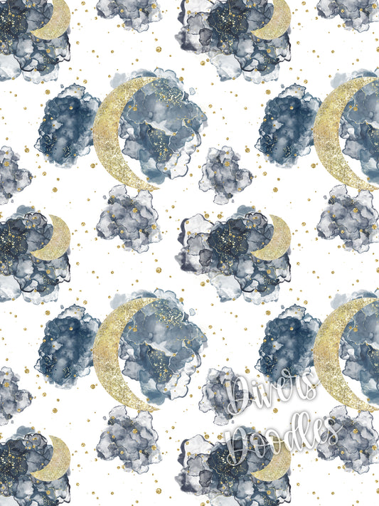 Glitter Moon and Stars Seamless Pattern, Alcohol Ink Digital Paper and Fabric Design. Free Commercial Use.