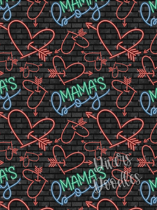Valentines Day Seamless Pattern, Mamas Boy Seamless File, Neon Digital Scrapbook Paper, Retro Digital Paper For Boy, Heart Neon Light,