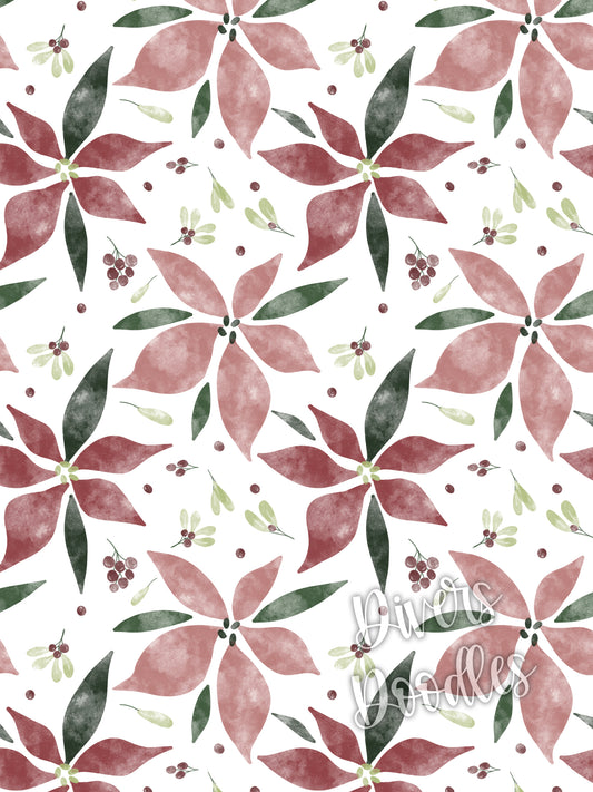 Winter Floral Digital Paper, Holiday Seamless Pattern, Seamless File for Fabric, Watercolor Poinsettia Scrapbook Paper,