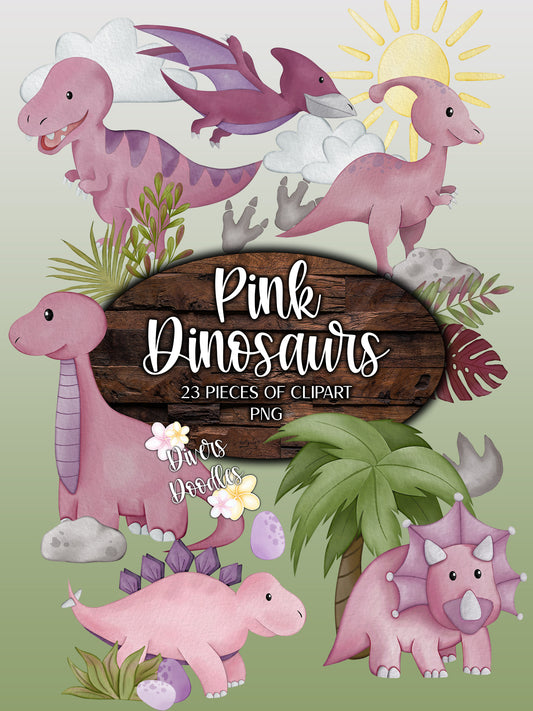 Dinosaur Clipart PNG, Pink Dinosaur Scene Clipart, Watercolor Dinosaur Clipart, Cute Dinosaur PNG, Triceratops Drawing, Build Your Own