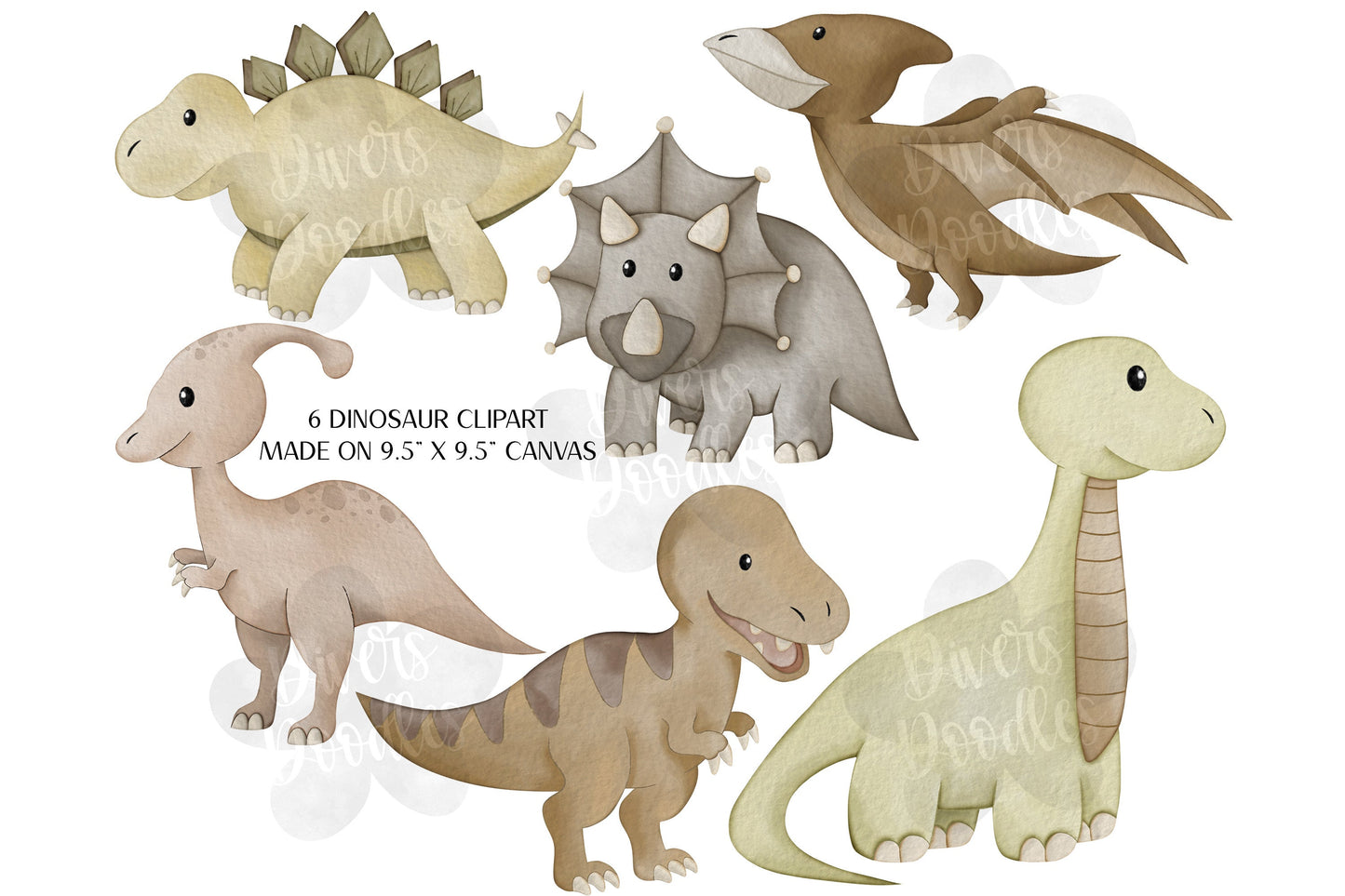 Dinosaur Scene Clipart, Watercolor Dinosaur Clipart, High Resolution PNG, Triceratops Drawing, Dino Illustration, Nursery Decor Neutral