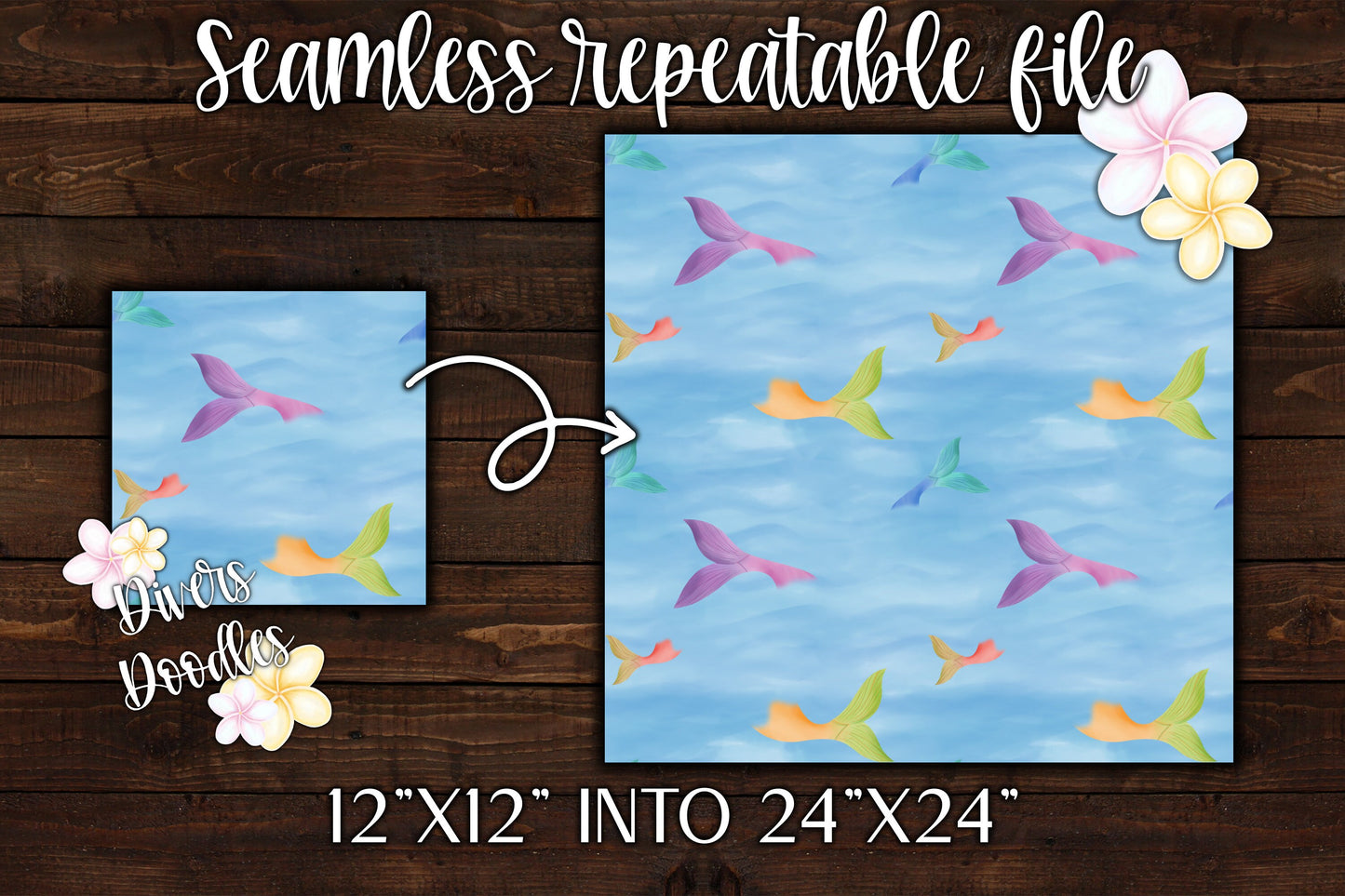 Mermaid Digital Paper, Mermaid Water Seamless Pattern for Commercial Use, Surface Pattern for Kids, Mermaid Tail PNG, Seamless File for Girl