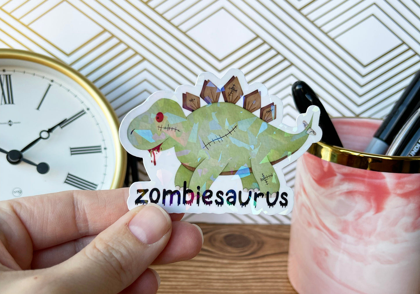 Zombiesaurus Sticker for Cups, Zombie Sticker for Water Bottle, Funny Dinosaur Sticker for Kids, Dinosaur Gifts for Adults, Holographic
